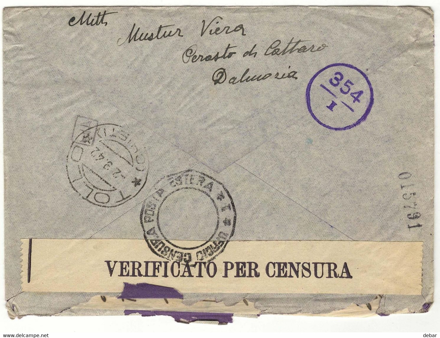 WW2 - ITALY OCCUPATION OF MONTENEGRO 1942- -PERASTO - CATTARO - TOOLO CHIETI- CENSURA - Montenegro