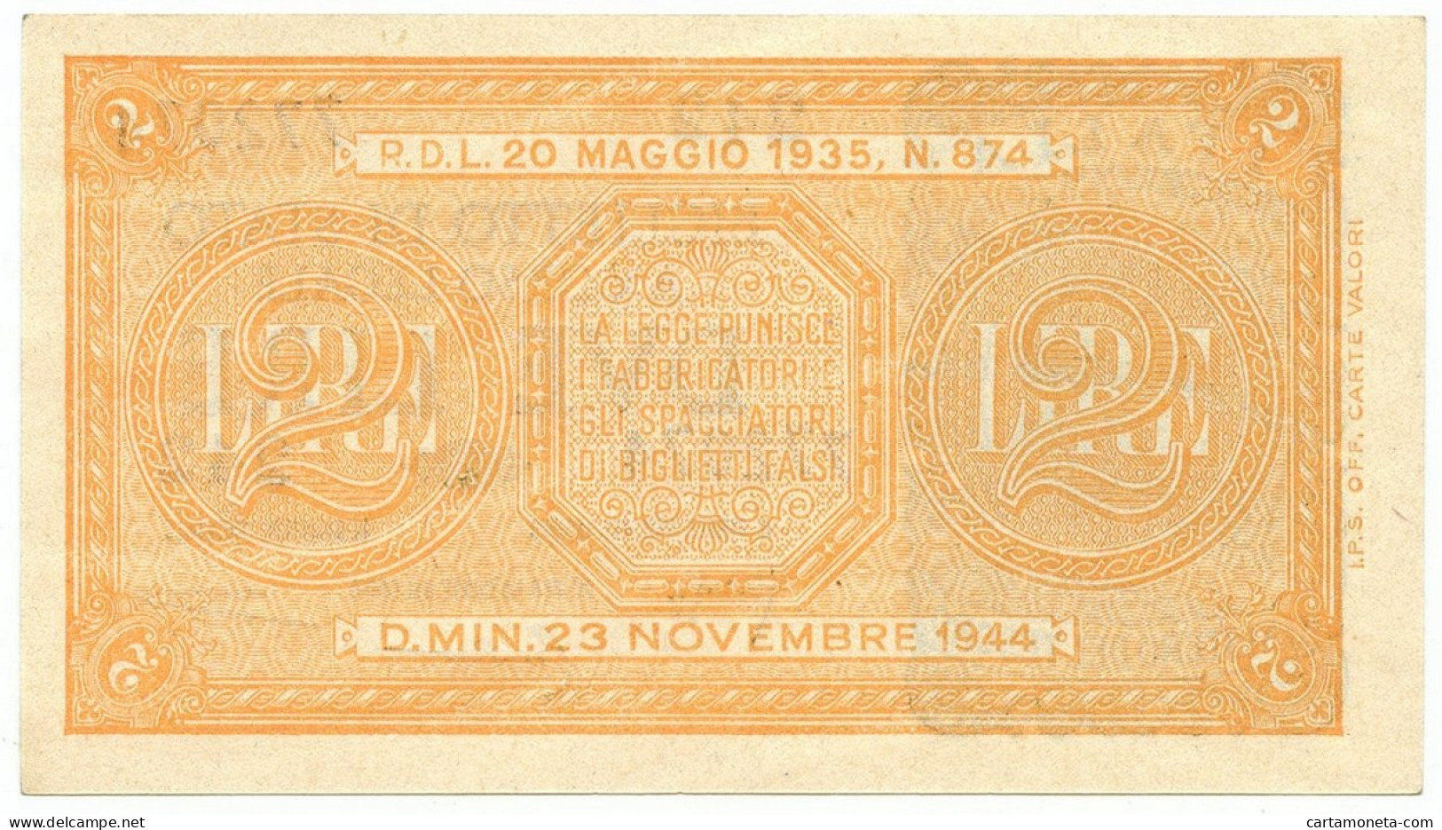 2 LIRE BIGLIETTO DI STATO LUOGOTENENZA UMBERTO BOLAFFI 23/11/1944 FDS - Regno D'Italia – Autres