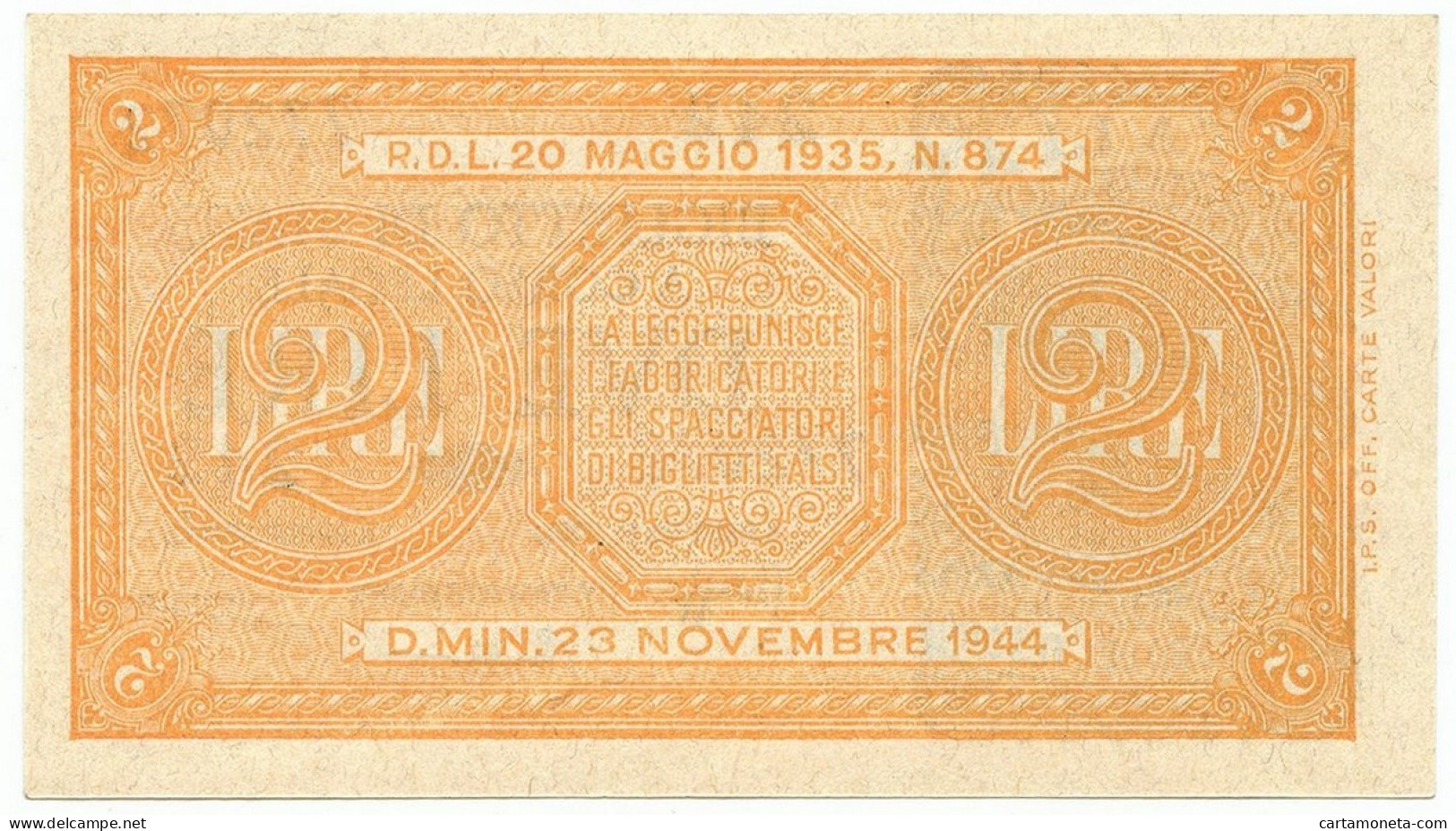 2 LIRE BIGLIETTO DI STATO LUOGOTENENZA UMBERTO BOLAFFI 23/11/1944 FDS - Regno D'Italia – Autres