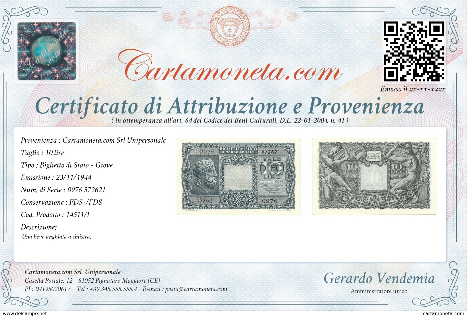 10 LIRE BIGLIETTO STATO GIOVE LUOGOTENENZA UMBERTO CAVALLARO 23/11/1944 FDS-/FDS - Otros