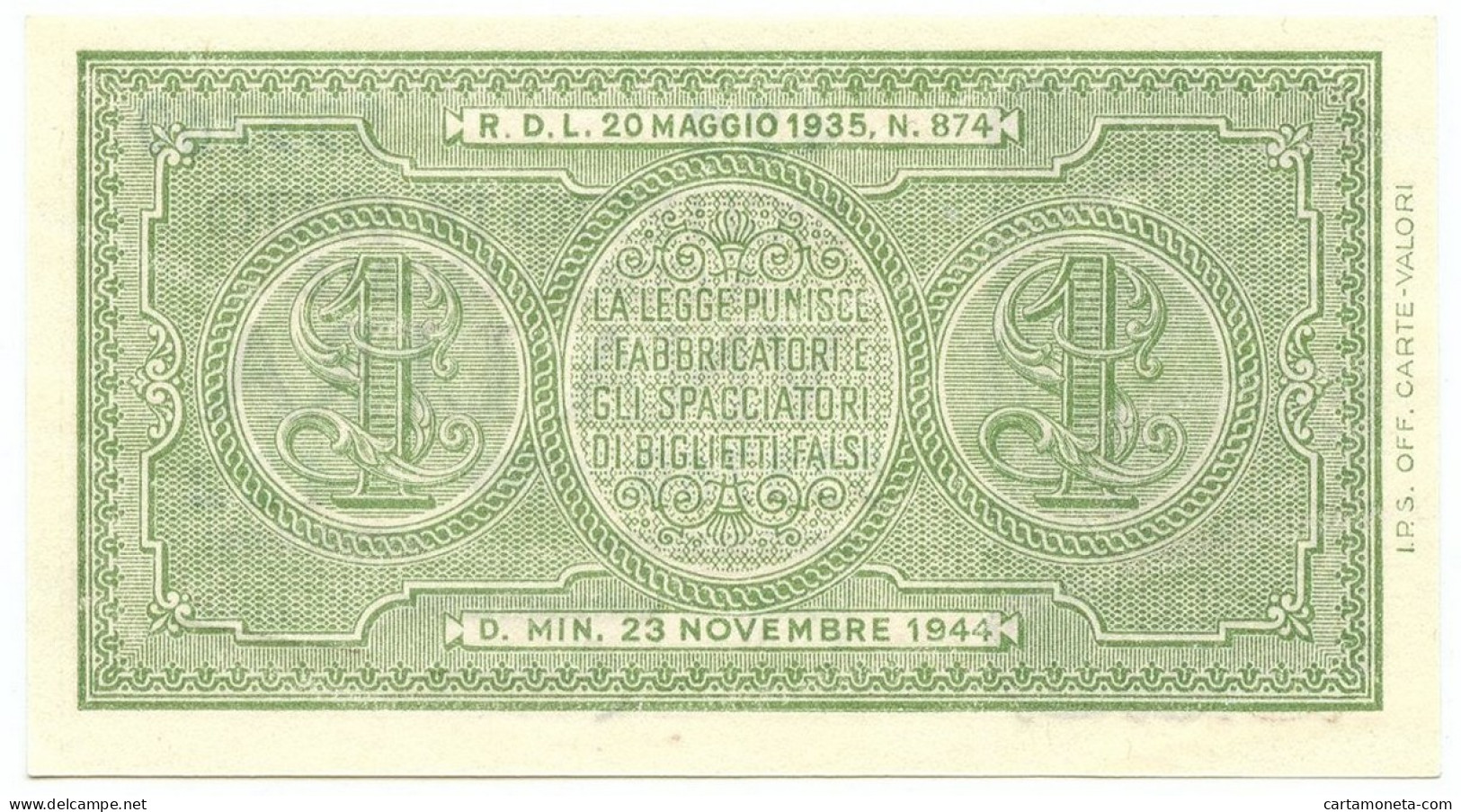 1 LIRA BIGLIETTO DI STATO LUOGOTENENZA UMBERTO BOLAFFI 23/11/1944 FDS - Regno D'Italia – Other