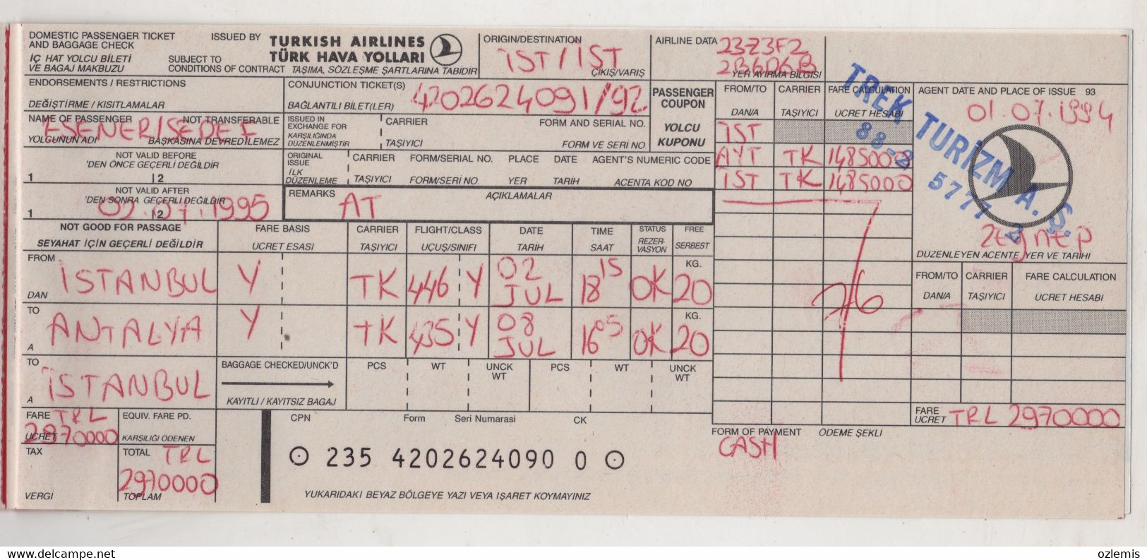 TURKISH AIRLINES TICKET ,ISTANBUL-ANTALYA -ISTANBUL 1992 - Europa