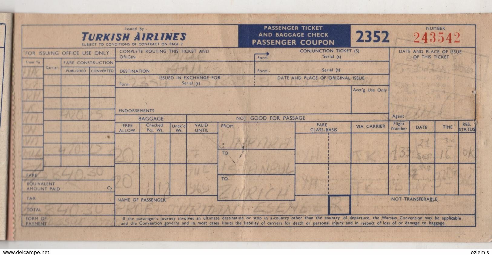 TURKISH AIRLINES TICKET ANKARA -ISTANBUL-ZURICH 1969 - Europa