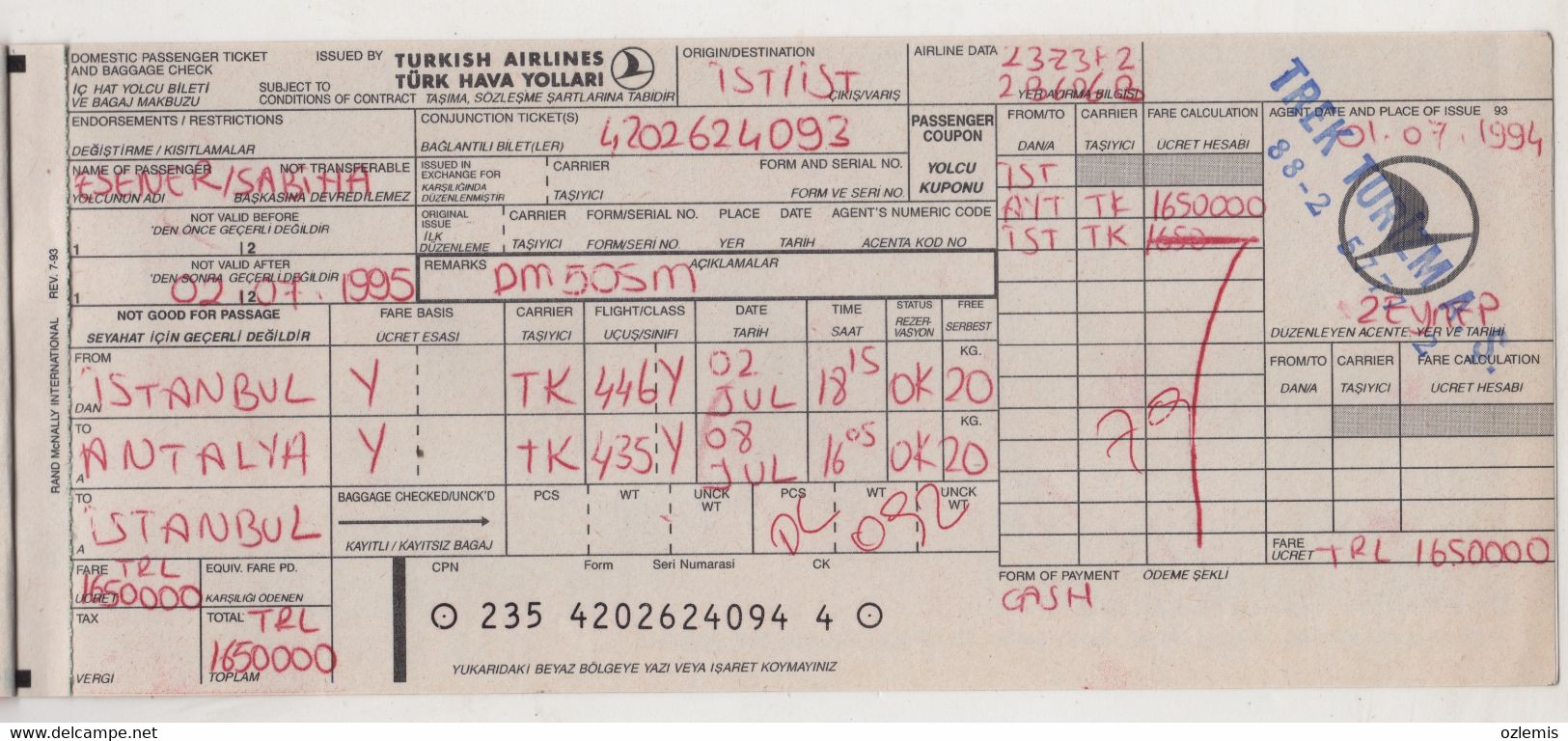 TURKISH AIRLINES TICKET ,ISTANBUL-ANTALYA -ISTANBUL 1994 - Europa