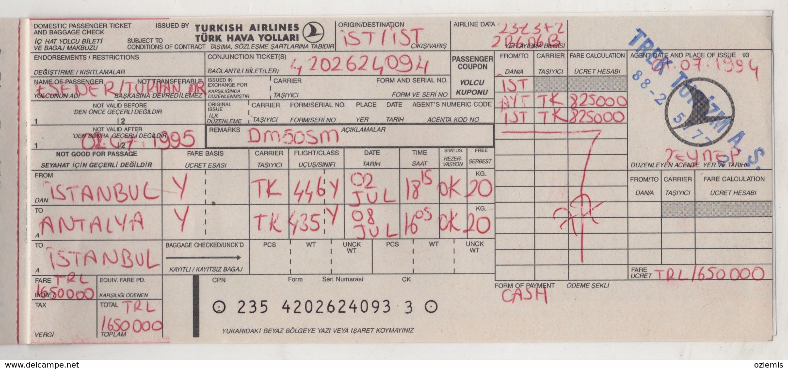 TURKISH AIRLINES TICKET ,ISTANBUL-ANTALYA -ISTANBUL 1994 - Europa