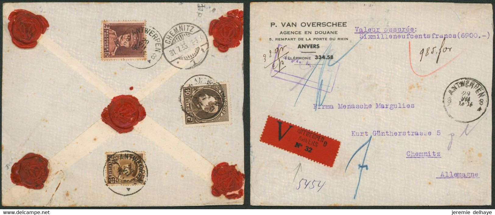 Affranc. Tricolore çàd N°289, 321 Et 341 Sur L. Assurée (6900 Frs, 32 Gr, 2 Ports) De Antwerpen (1933) > Chemnitz (AL) - 1929-1941 Groot Montenez