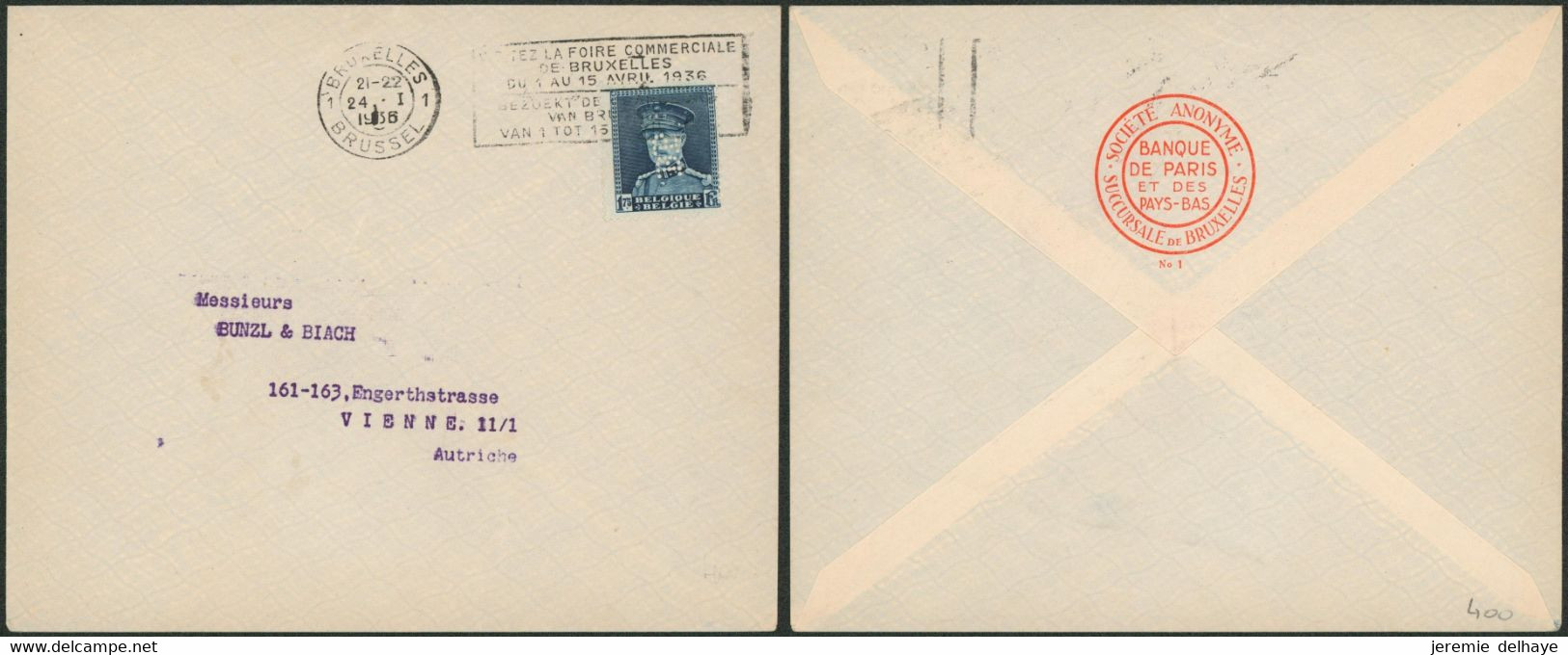 Képi - N°320 Sur Lettre De Bruxelles + Perforation De Firme "B.P." (Banque De Paris & Des Pays-Bas) > Vienne (Autriche) - 1931-1934 Képi