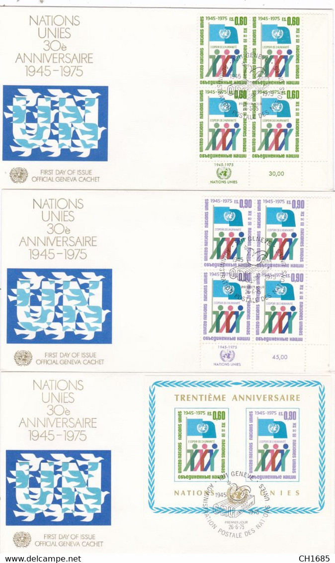 NATIONS UNIES ONU :  3 X FDC  30ème Anniversaire Oblitération Genève 26 Juin 1976 - Storia Postale