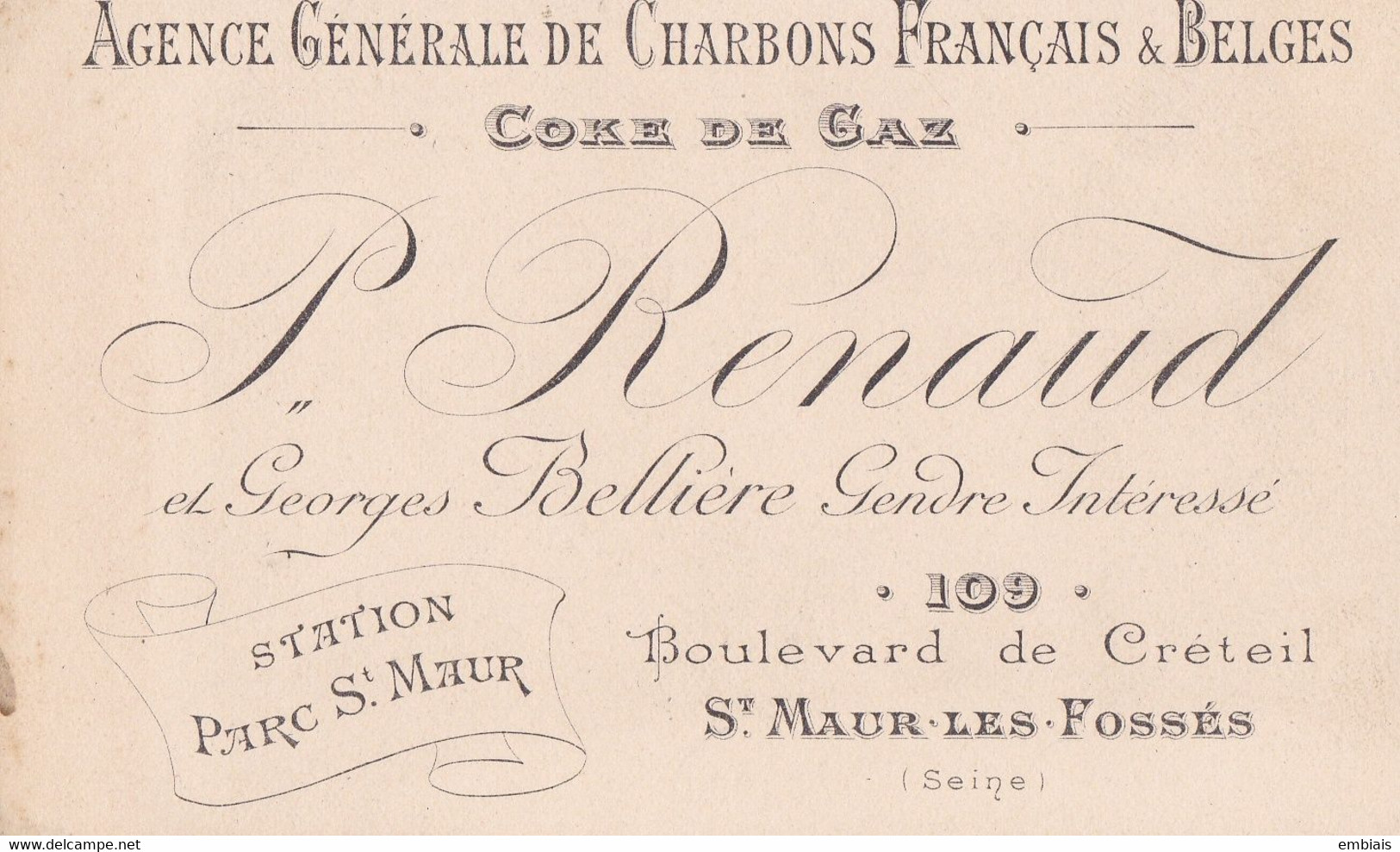 94 - SAINT MAUR DES FOSSES - Carte Commerciale P.RENAULD Coke De Gaz 109 Bld De Créteil - Visiting Cards