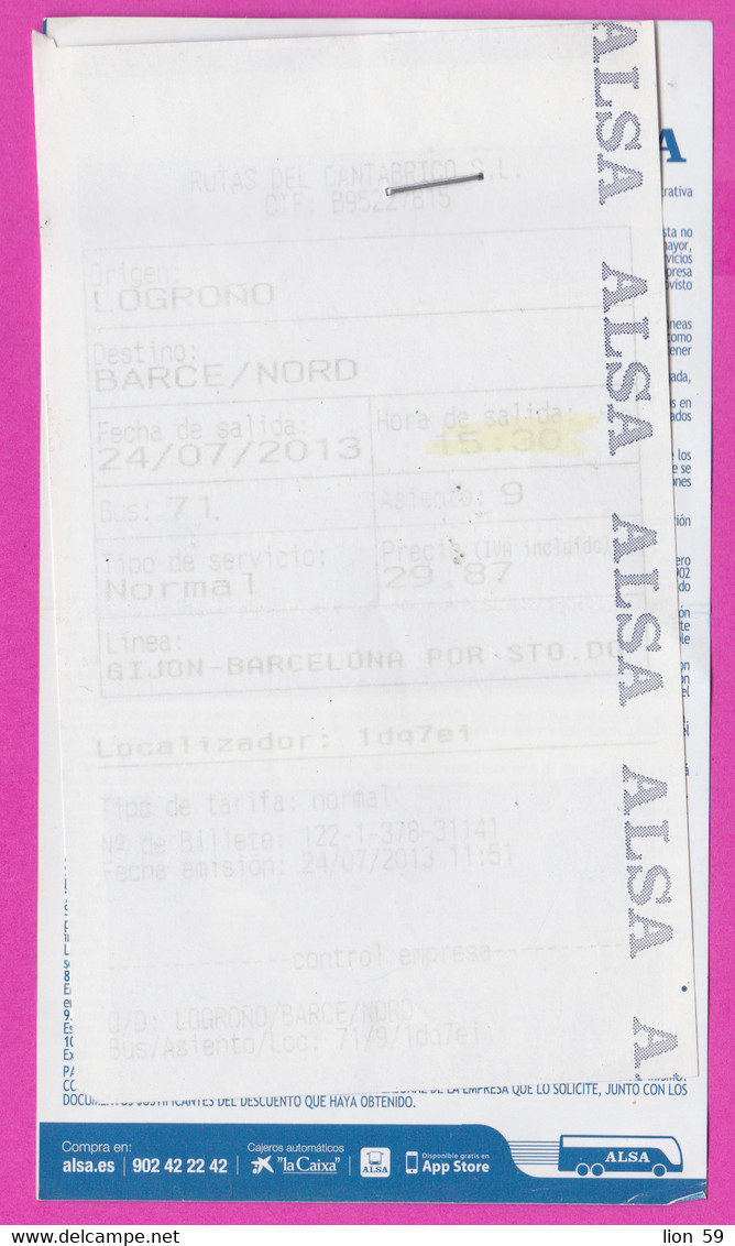 266063 / Spain - Ticket Billet Puntos De Venta ALSA - Madrid , Logroño - Barcelona / Nord 2013 Espana Spanien - Europa