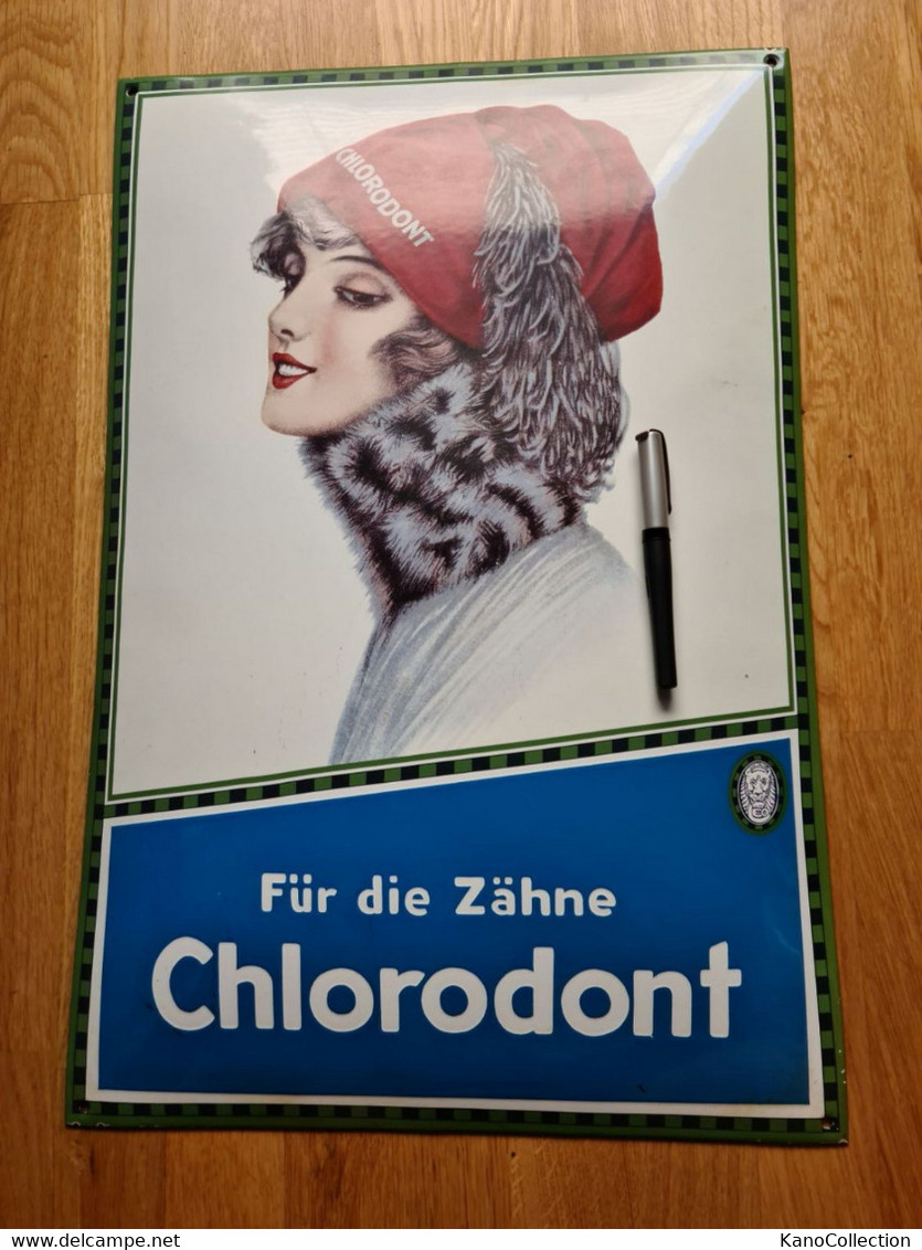 Email-Schild „Chlorodont“ Ca. 40 X 60 Cm, Replik, Sehr Guter Zustand - Emailschilder (ab 1960)