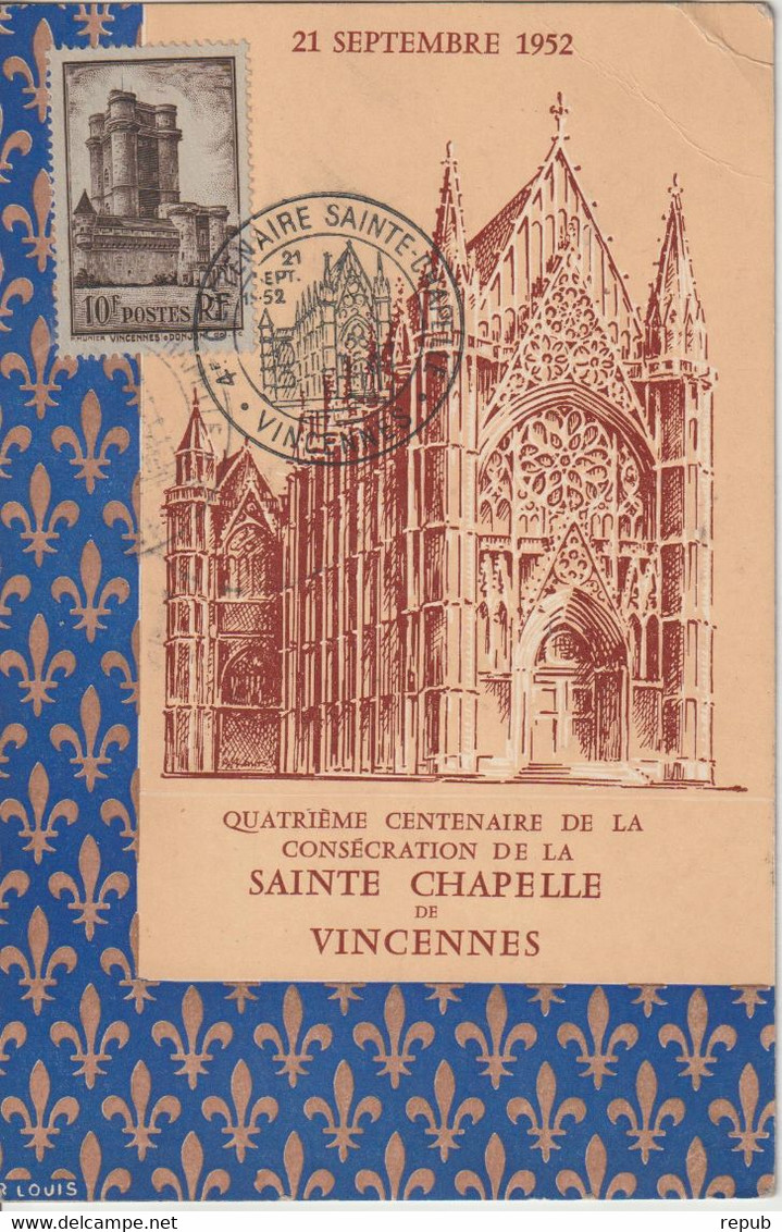 France 1952 Centenaire Sainte Chapelle Vincennes, Voyagée - Cachets Commémoratifs