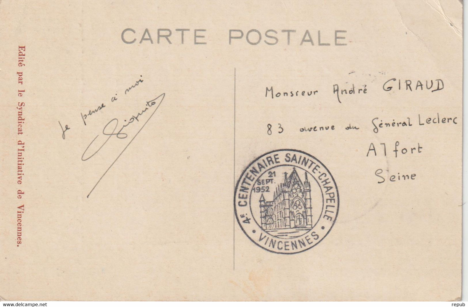 France 1952 Centenaire Sainte Chapelle Vincennes, Voyagée - Commemorative Postmarks