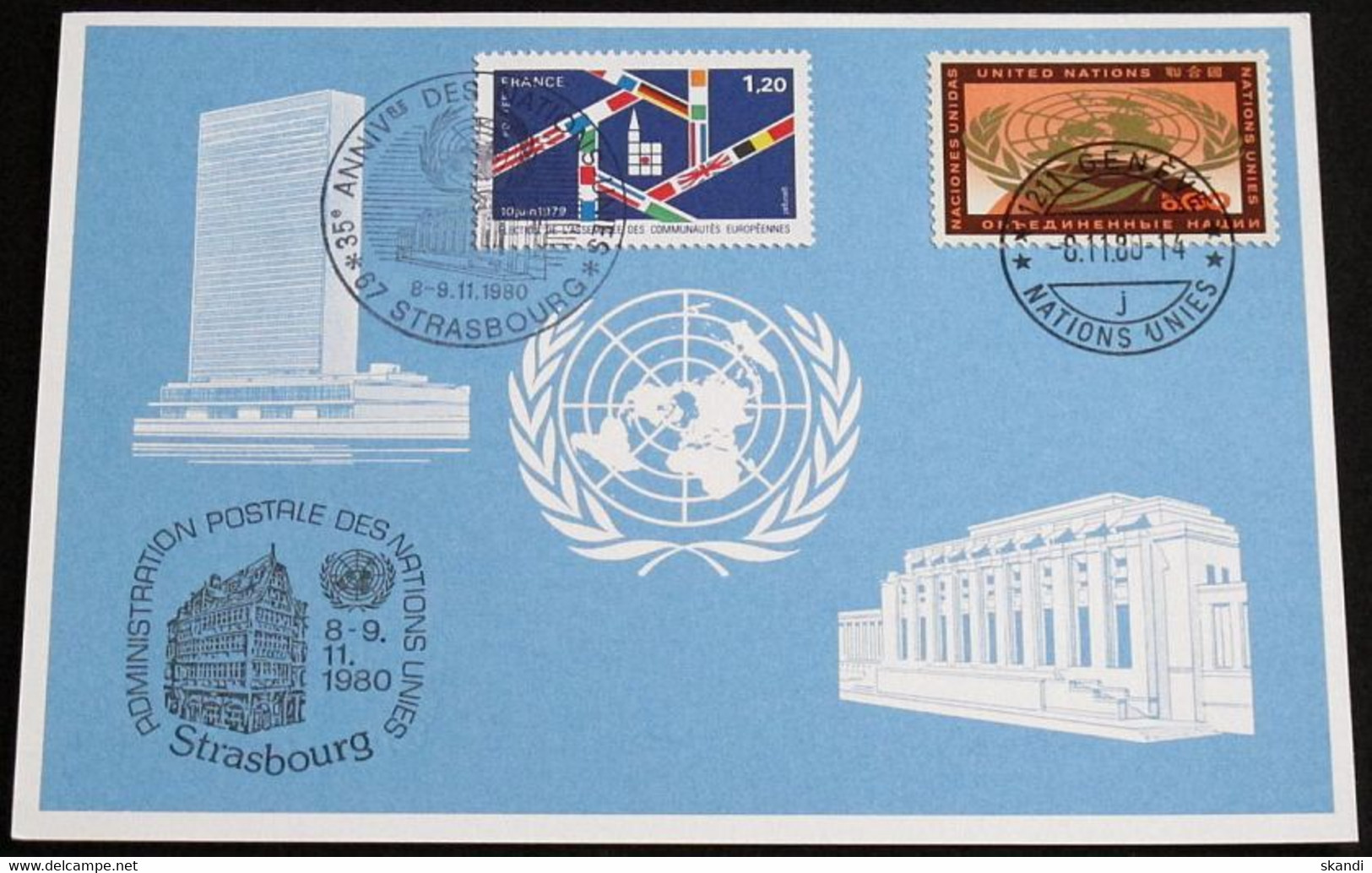 UNO GENF 1980 Mi-Nr. 96 Blaue Karte - Blue Card Mit Erinnerungsstempel STRASBURG - Lettres & Documents