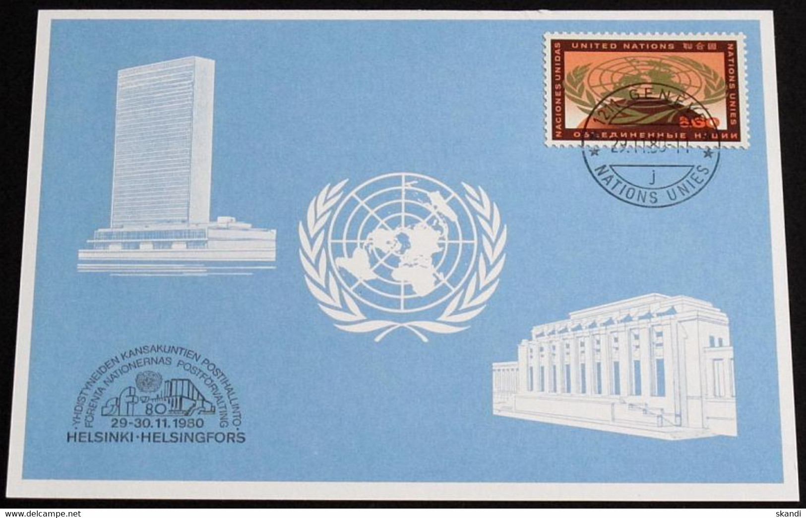 UNO GENF 1980 Mi-Nr. 97 Blaue Karte - Blue Card Mit Erinnerungsstempel HELSINKI - Storia Postale