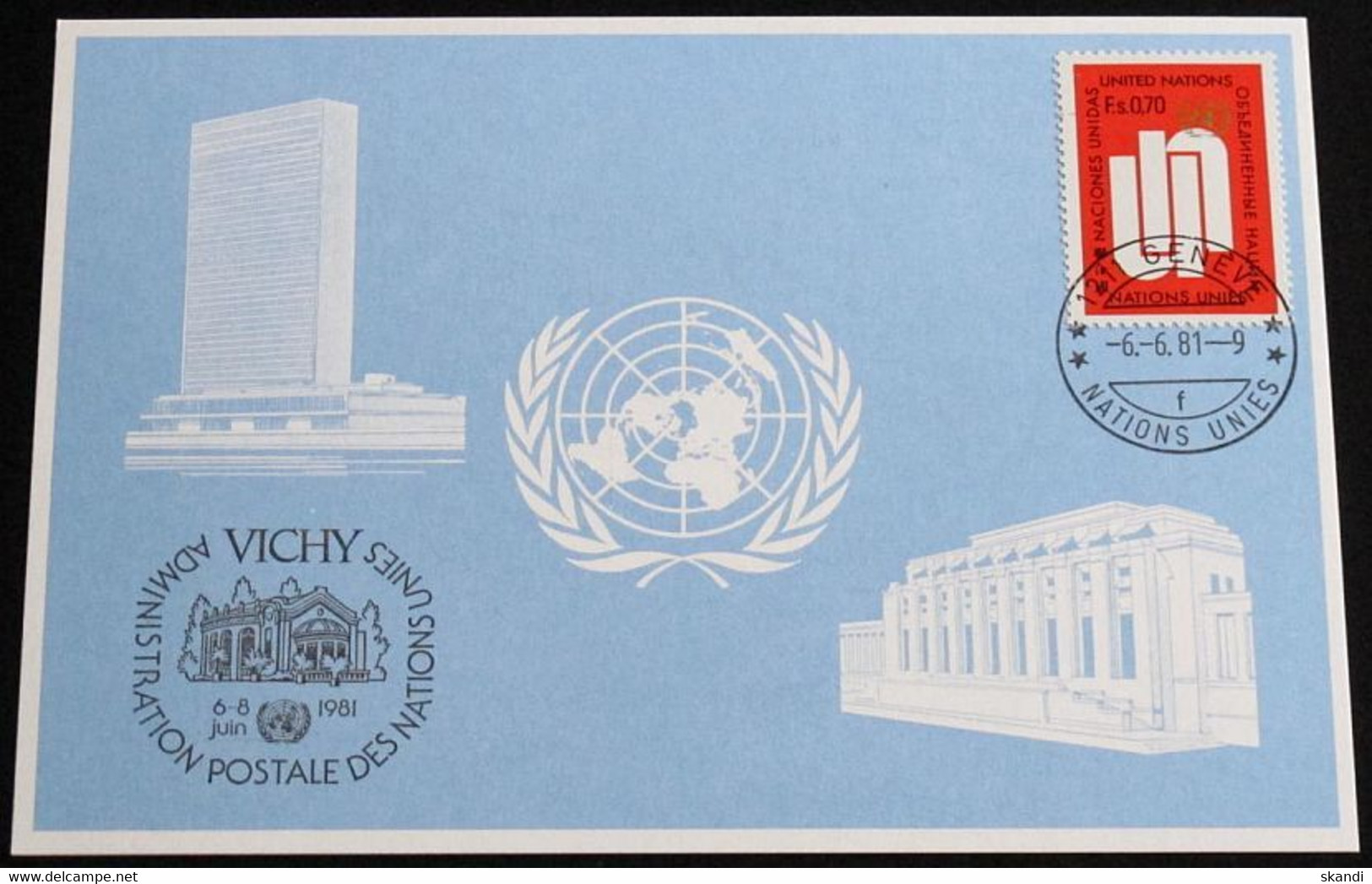 UNO GENF 1981 Mi-Nr. 102 Blaue Karte - Blue Card Mit Erinnerungsstempel VICHY - Brieven En Documenten