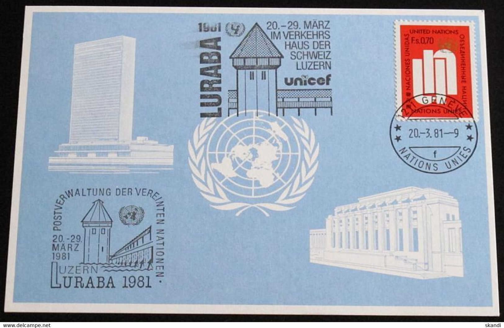 UNO GENF 1981 Mi-Nr. 99 Blaue Karte - Blue Card Mit Erinnerungsstempel UND SONDERSTEMPEL LURABA 1981 LUZERN - Cartas & Documentos