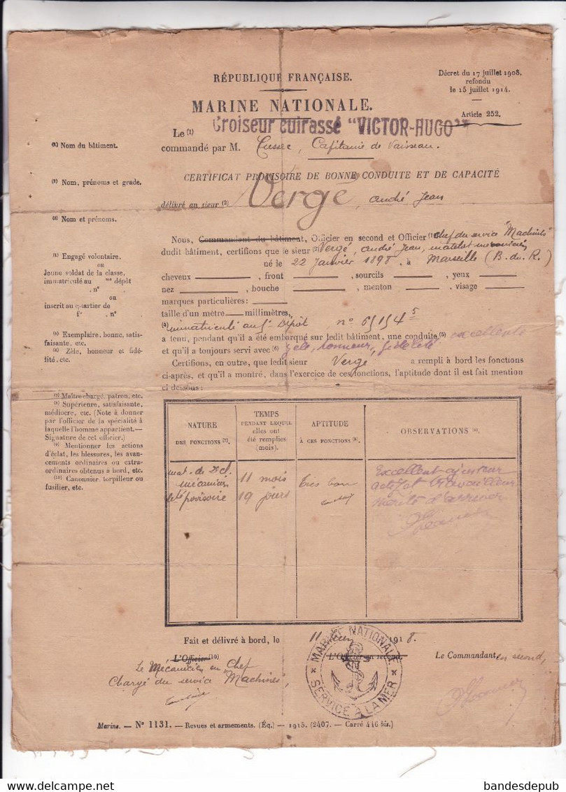 Certificat De Bonne Conduite Andre Vergé Mécanicien  Marine Nationale Croiseur Cuirasse Victor Hugo Guerre 14-18 - Bateaux