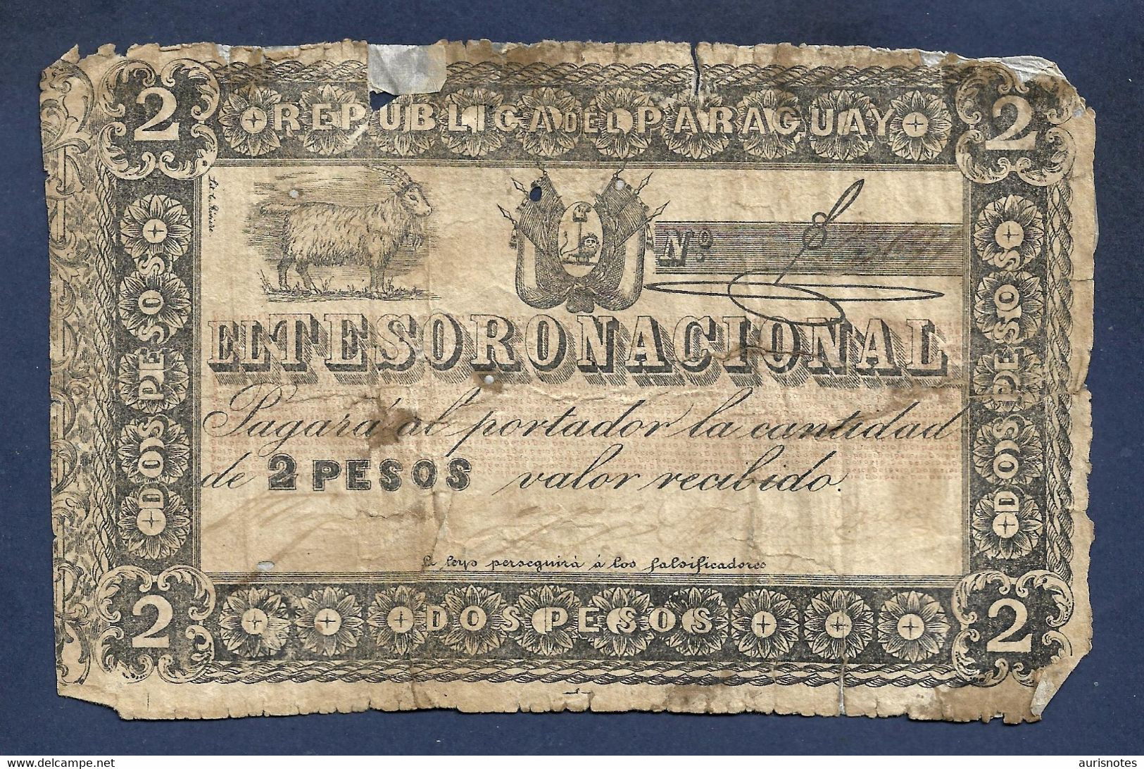 Paraguay 2 Pesos 1860 Rare ND P-12 Fine - Paraguay