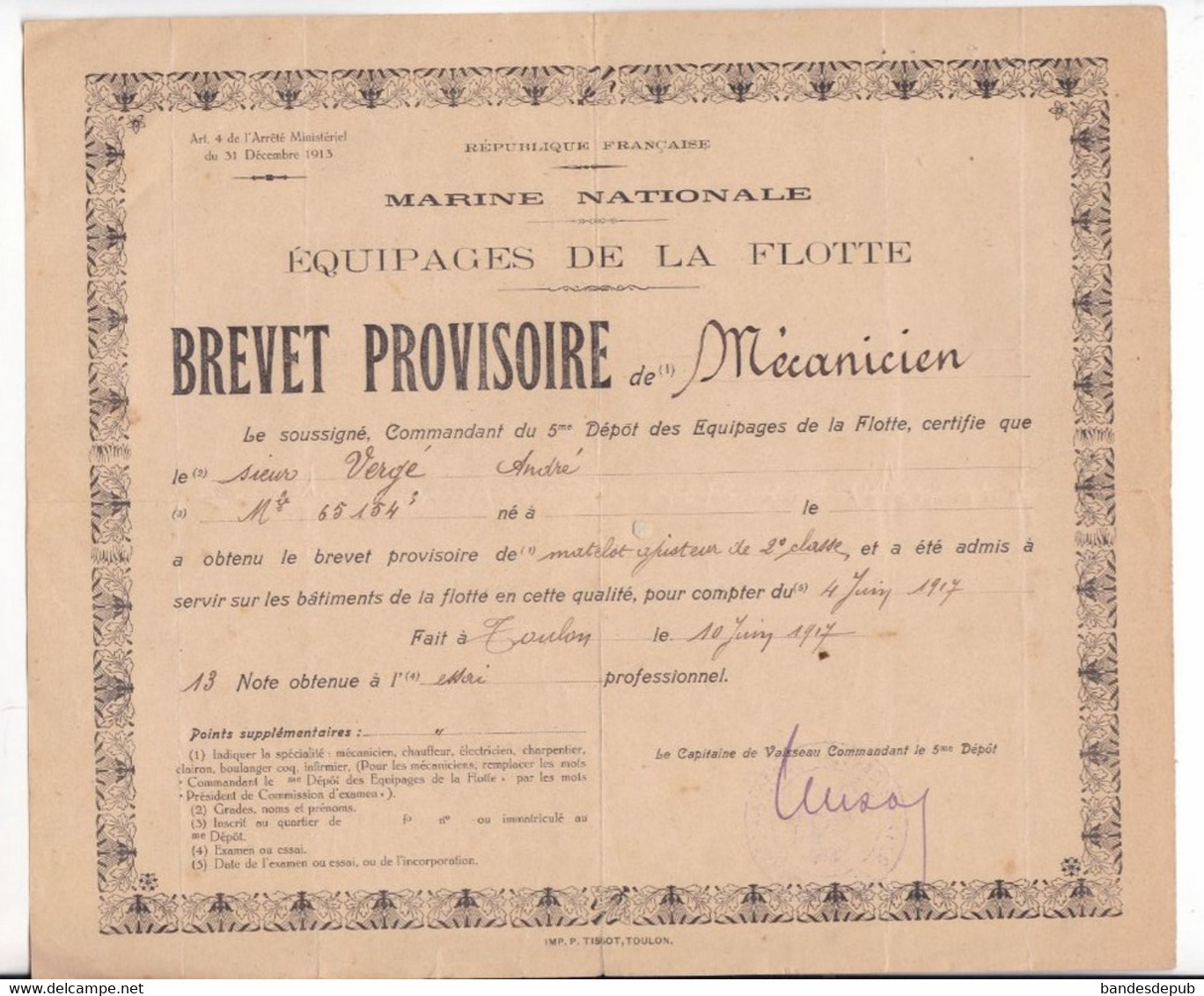 Brevet Provisoire De  Mécanicien Andre Vergé Marine Nationale Equipages De La Flotte  Guerre 14-18 - Bateaux