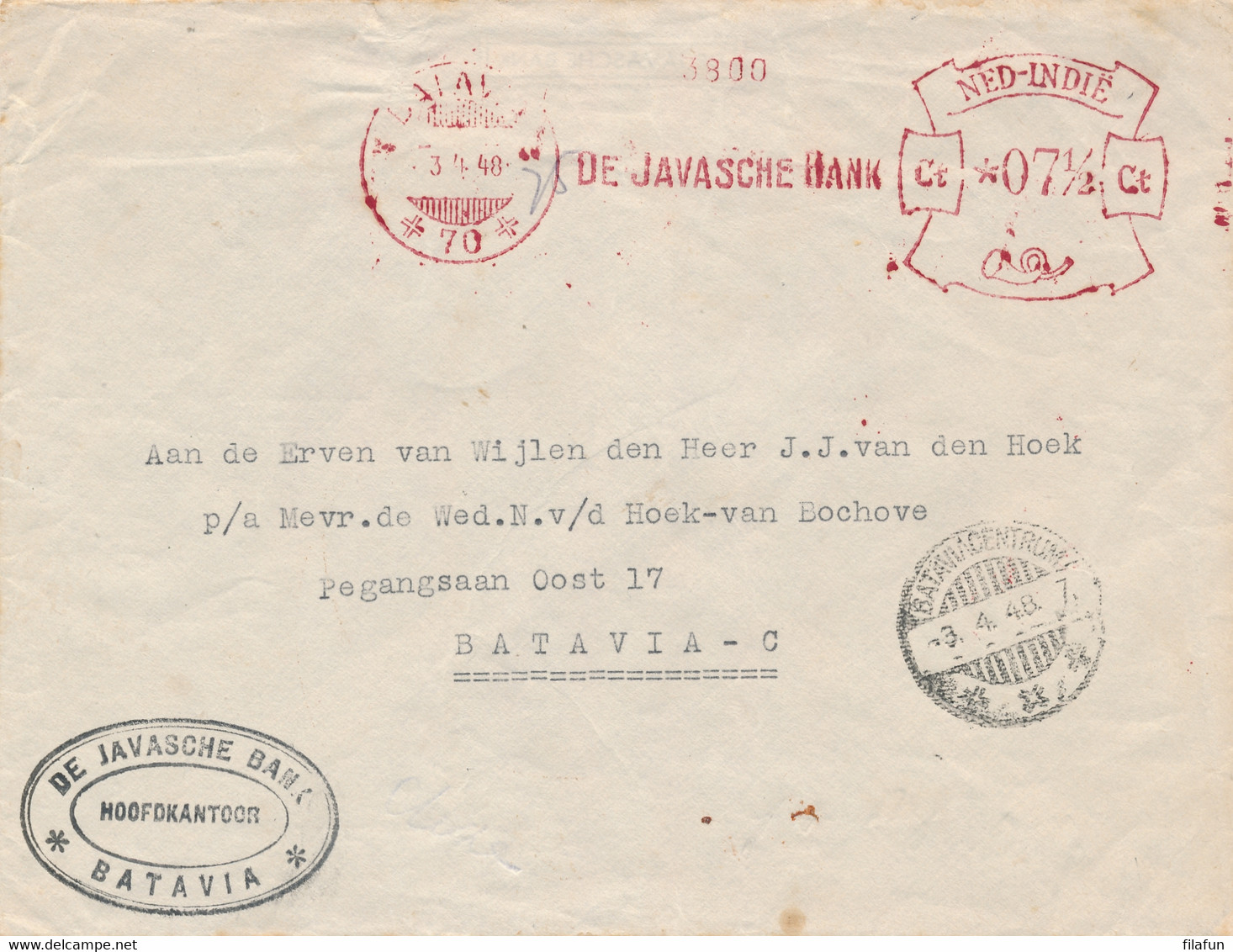 Nederlands Indië - 1948 - Frankeermachine / Meter 70 - De Javasche Bank - 7,5ct - Cover Local Use Batavia - India Holandeses