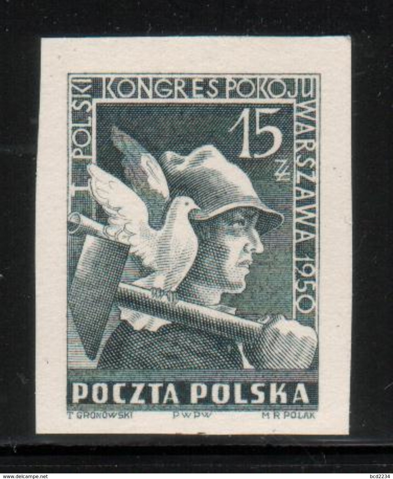 POLAND SLANIA 1950 RARE 1ST STAMP BLACK PROOF !!! 1st POLISH PEACE CONGRESS BIRDS DOVE - Ensayos & Reimpresiones
