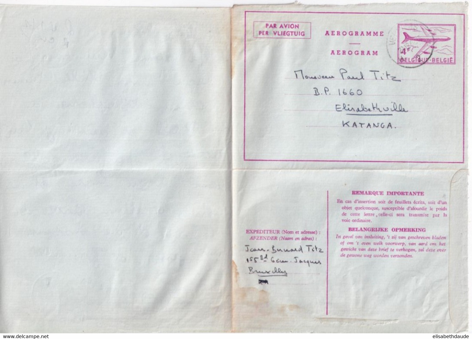 1962 - BELGIQUE => KATANGA INDEPENDANT ! - LETTRE AEROGRAMME De VERVIERS => ELISABETHVILLE - Aerograms