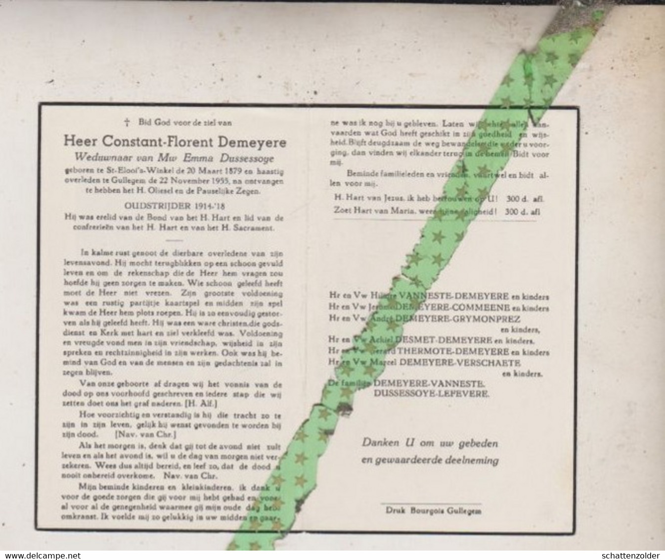 Constant Florent Demeyere-Dussessoye, Sint-Eloois-Winkel 1879, Gullegem 1955. Oud-strijder 14-18 - Décès