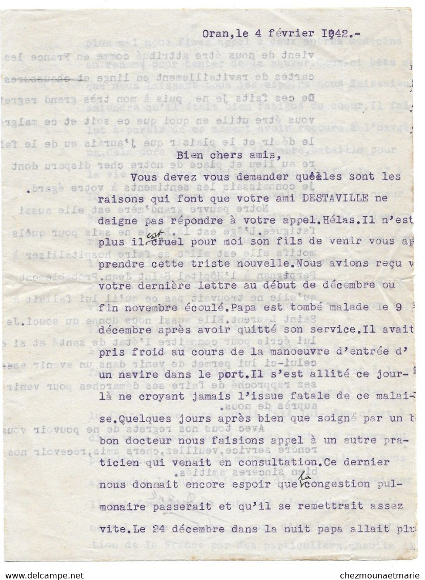 1942 ORAN - LETTRE DE DESTAVILLE A SES AMIS - Documents Historiques