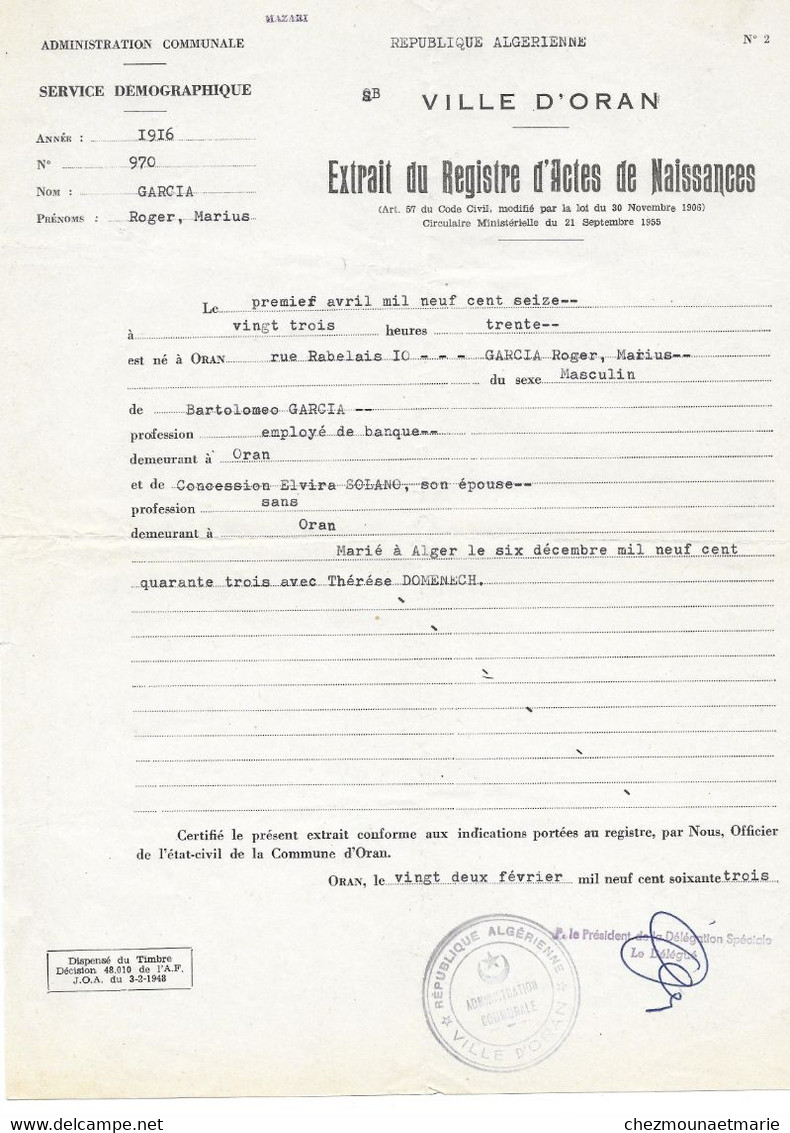 1963 ORAN - GARCIA ROGER NE EN 1916 RUE RABELAIS MERE CONCESSION ELVIRA - EXTRAIT ACTE DE NAISSANCE - Historische Dokumente