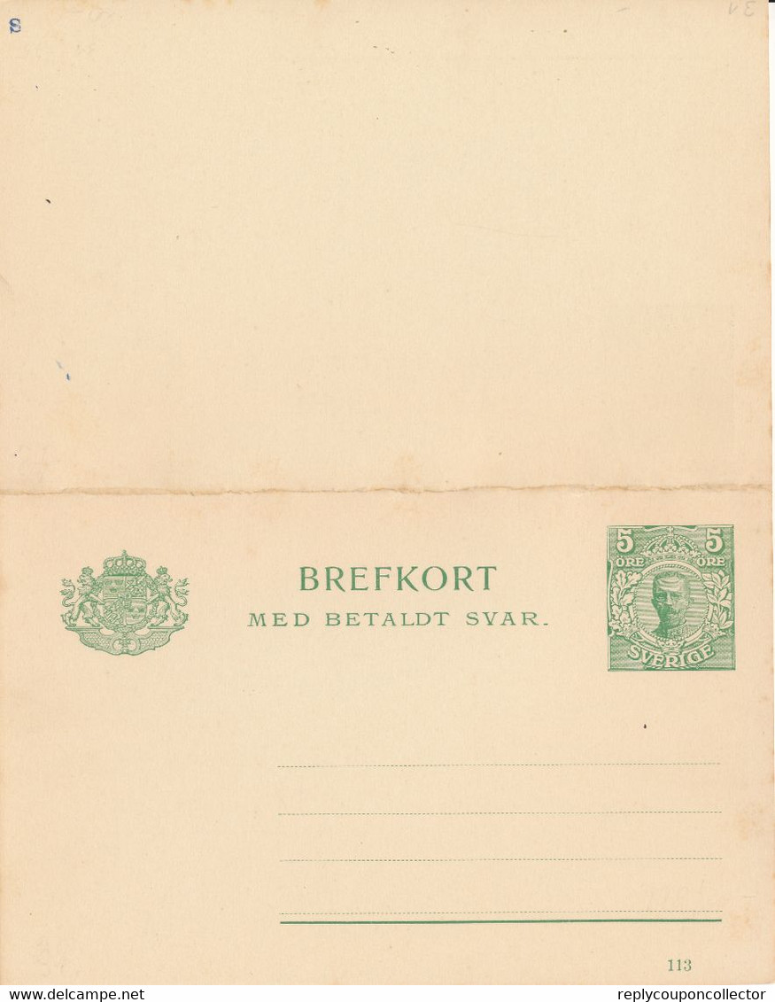 SCHWEDEN / SVERIGE  -   1914/18  ,     BREFKORT MED BETALT SVAR  ,  Reply Post Card    -  Michel  P35 - Interi Postali