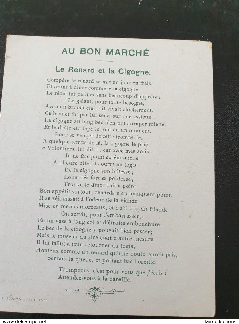 Image   Au Bon Marché  J De La Fontaine . Le Renard Et La Cigogne     (voir Scan) - Autres & Non Classés