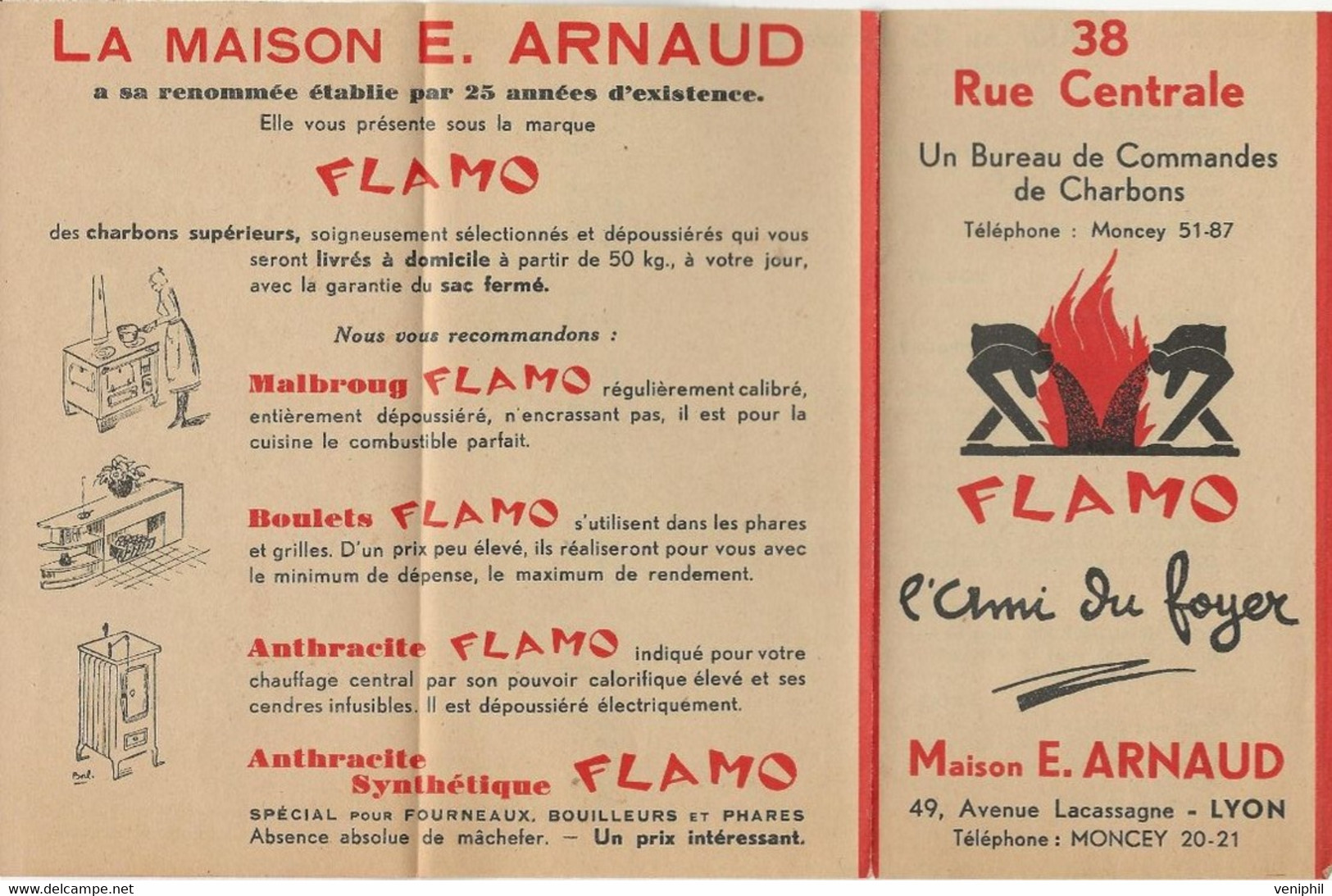 DEPLIANT -FLAMO- BUREAU DE COMMANDES DE CHARBONS - MAISON ARNAUD LYON -ANNEE 1937 - Andere & Zonder Classificatie