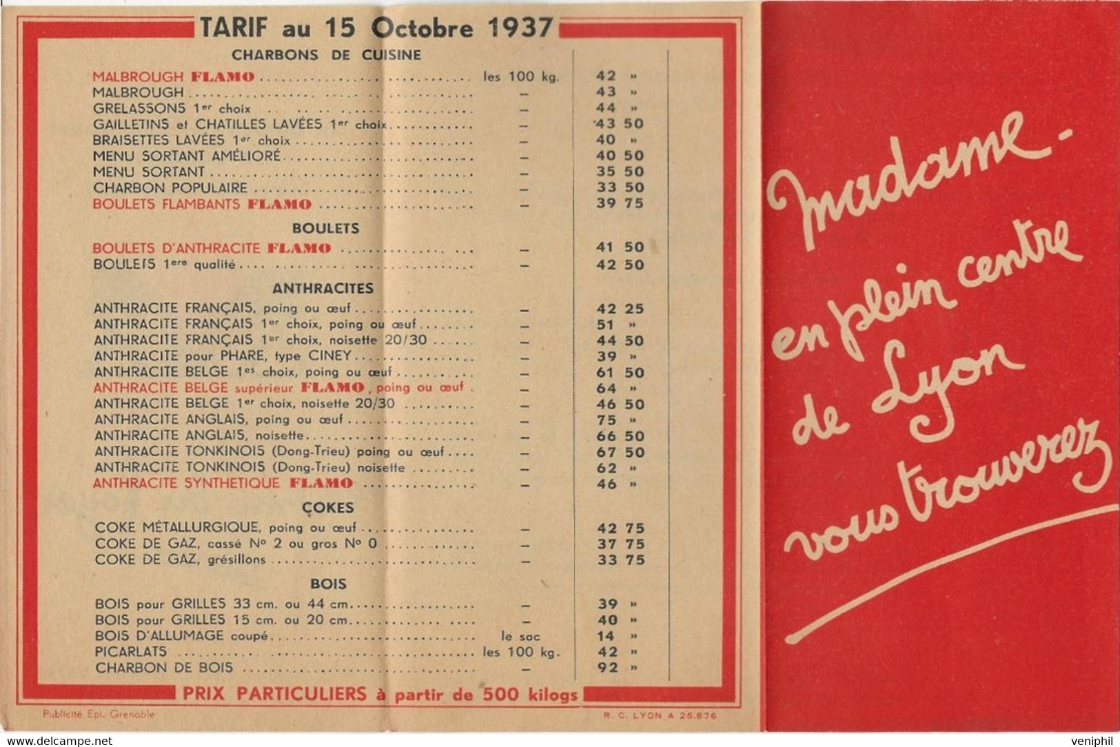 DEPLIANT -FLAMO- BUREAU DE COMMANDES DE CHARBONS - MAISON ARNAUD LYON -ANNEE 1937 - Autres & Non Classés