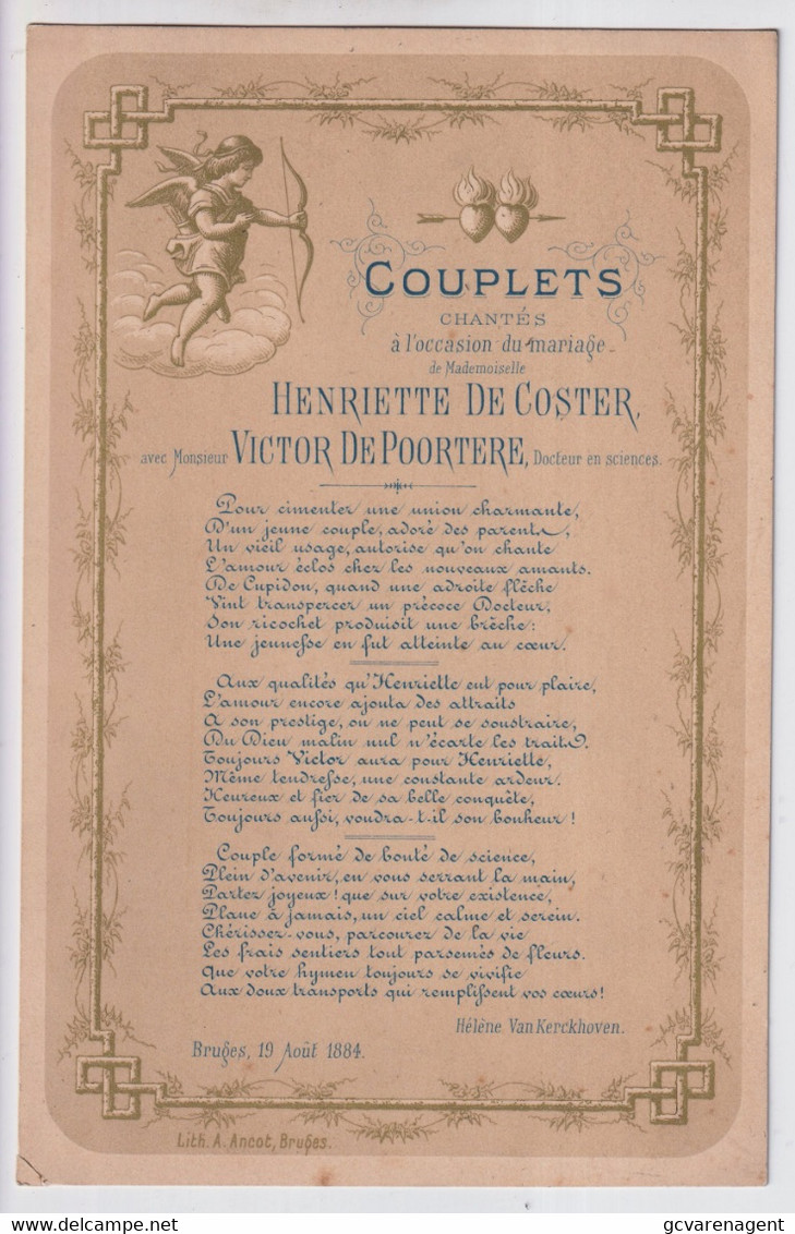 BRUGGE  19 AOUT 188'  - COUPLETS CHANTES A L'OCCASION DU MARIAGE DE MADEMOISELLE H.DE COSTER & V.DE POORTERE  31X23CM - Historische Documenten