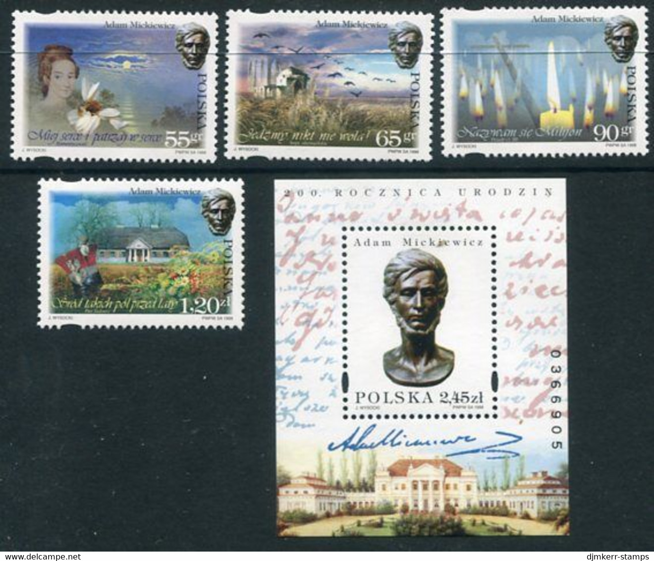 POLAND 1998 Mickiewicz Bicentenary MNH / **.  Michel 3737-40 + Block 134 - Unused Stamps