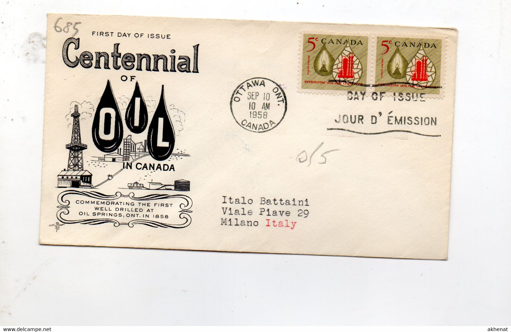 5CRT685 - CANADA 10.9.1958 , FDC Petrolio - 1952-1960