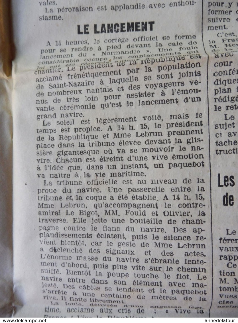 1932 LE PROGRES : Plein Succès Du Lancement Du NORMANDIE ;  Négociation Dans Les Partis Prolétariens ; Publicité ; Etc - Testi Generali