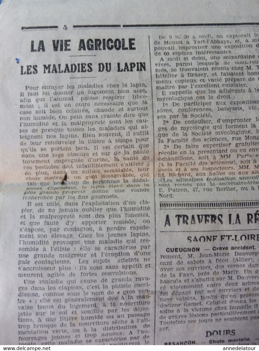 1932 LE PROGRES : La Ville Flottante du NORMANDIE ; Wagons-Foudres-Truqués ; Les maladies du lapin ; etc