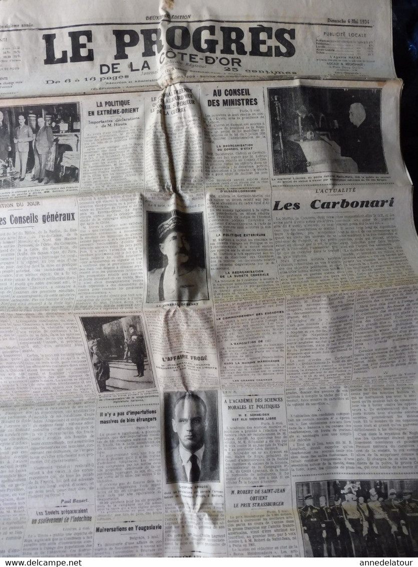 1934 LE PROGRES : Les Carbonari ; Hommage aux victimes du "Dixmude" ; Publicité LA FRÊNETTE ..Buvez-en !  ;etc