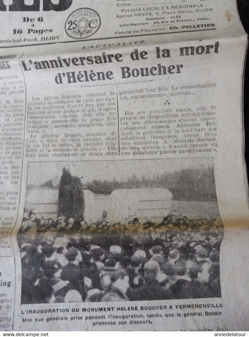 1935 LE PROGRES :  L'anniversaire De La Mort D'Hélène Boucher à Yermenonville  ; Le Procès Stavisky ; Etc - Informations Générales