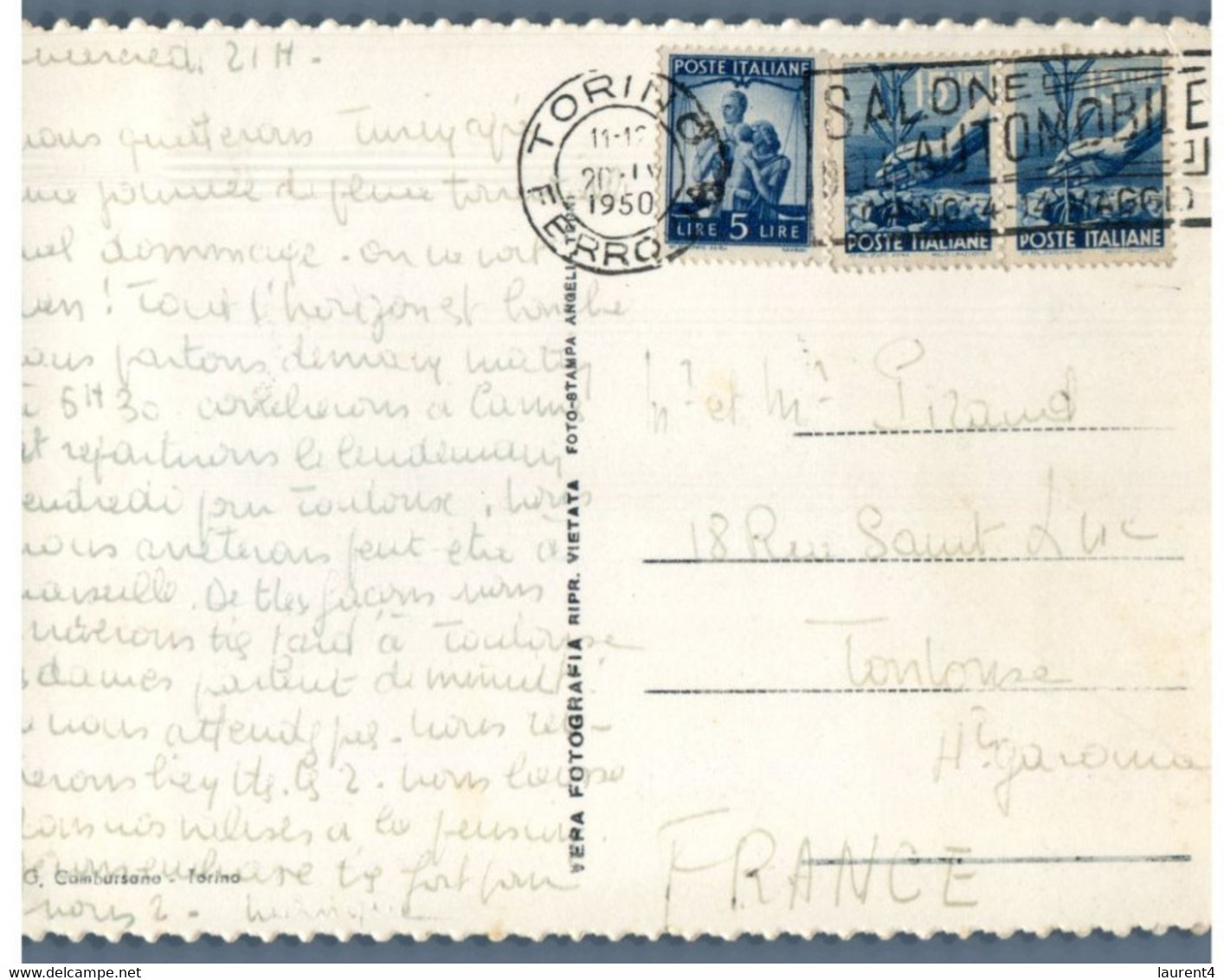 (V V 19) Italy (posted To France 1950 With Unusual Stamps) Torino / Turin - Mole Antonelliana