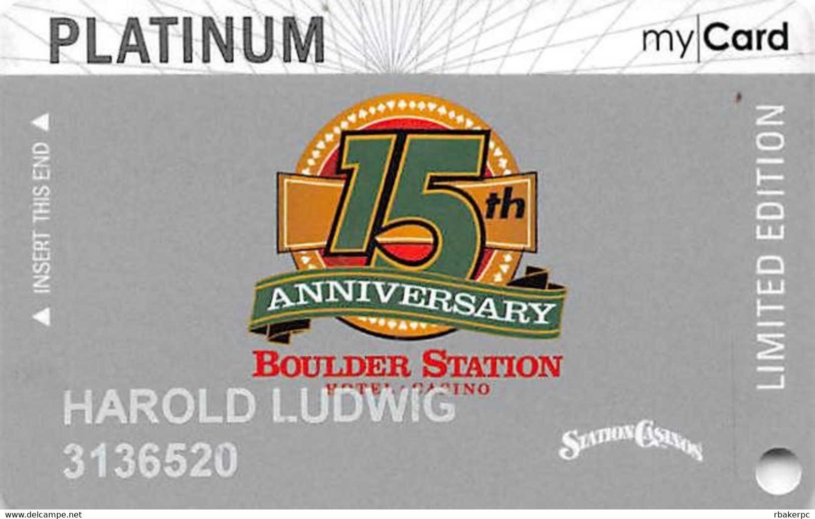 Station Casinos Las Vegas, NV - Boulder Station 15th Anniversary Slot Card Copyright 2009 - Casino Cards