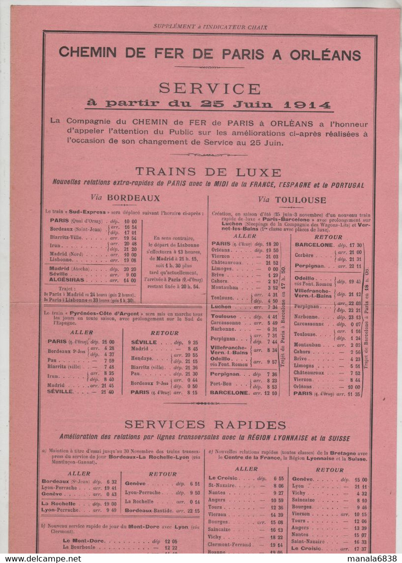 Supplément à Indicateur Chaix 1914 Chemin De Fer Paris Orléans Trains De Luxe Services Rapides - Eisenbahnverkehr