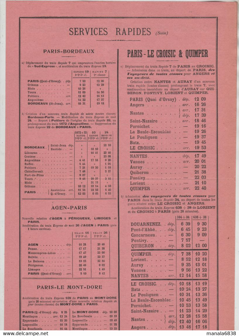 Supplément à Indicateur Chaix 1914 Chemin De Fer Paris Orléans Trains De Luxe Services Rapides - Chemin De Fer