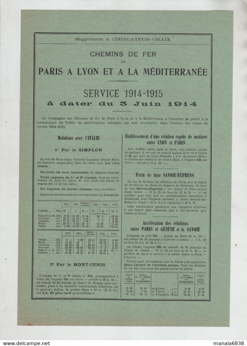 Supplément Indicateur Chaix Chemins De Fer De Paris à Lyon Et à La Méditerranée Service 1914 1915 - Eisenbahnverkehr