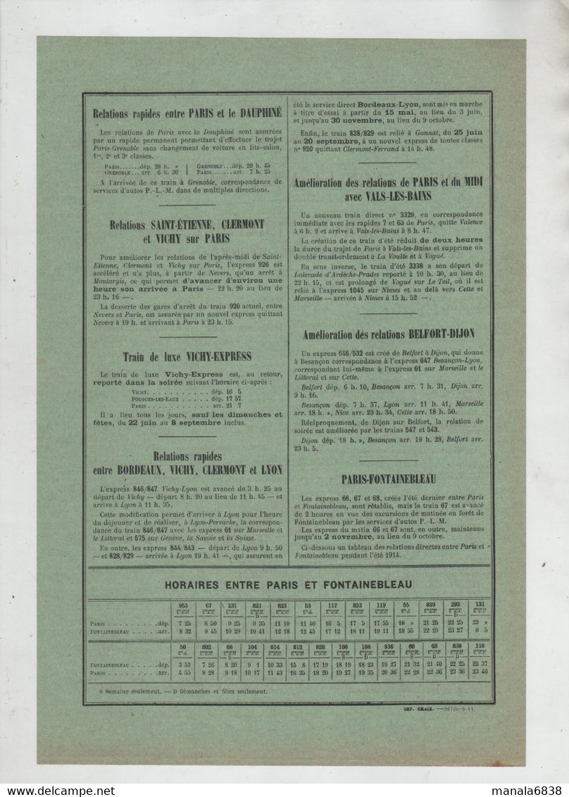 Supplément Indicateur Chaix Chemins De Fer De Paris à Lyon Et à La Méditerranée Service 1914 1915 - Chemin De Fer