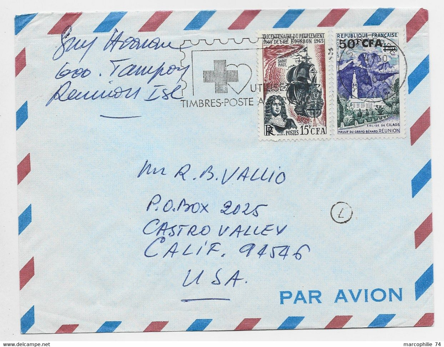 CFA 15FR+ 50F CILAOS LETTRE AVION ST PIERRE 20.8.1966  REUNION POUR USA - Covers & Documents