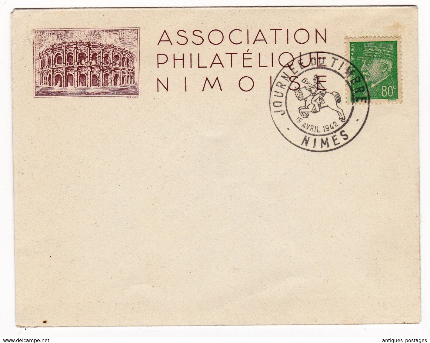 Lettre 1942 Association Philatélique Nîmoise Journée Du Timbre Pétain 80c Nîmes Gard - 1941-42 Pétain