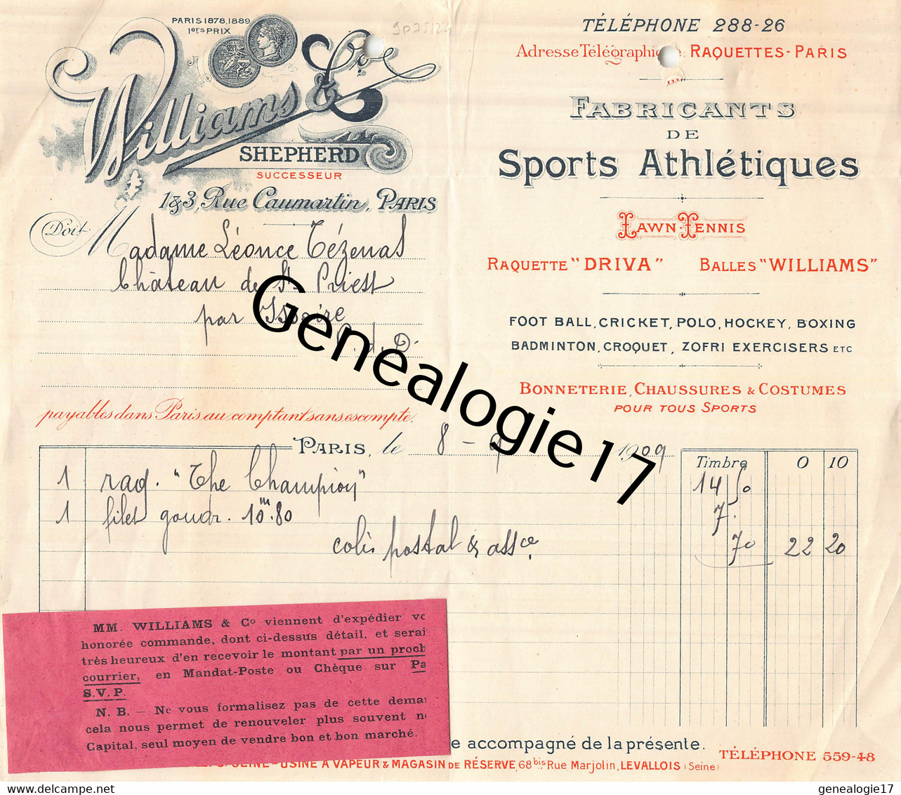 75 24208 PARIS SEINE 1909 Sports Athletiques WILLIAMS Succ SHEPERD Fabrique Lawn Tennis Raquettes  USINE A LEVALLOIS - Otros & Sin Clasificación